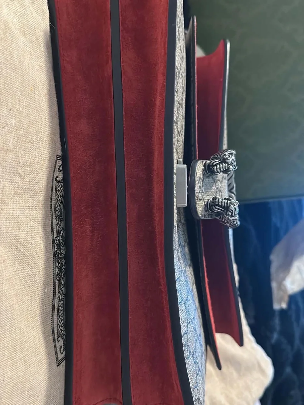 Gucci Dionysus GG Supreme Shoulder Bag in Beige and Red Suede
